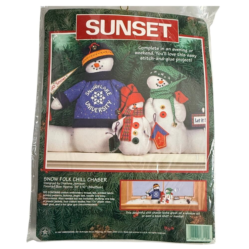 Vintage 1997 Sunset Snow Folk Chill Chaser #18119 Snowman Felt Craft Kit Sealed